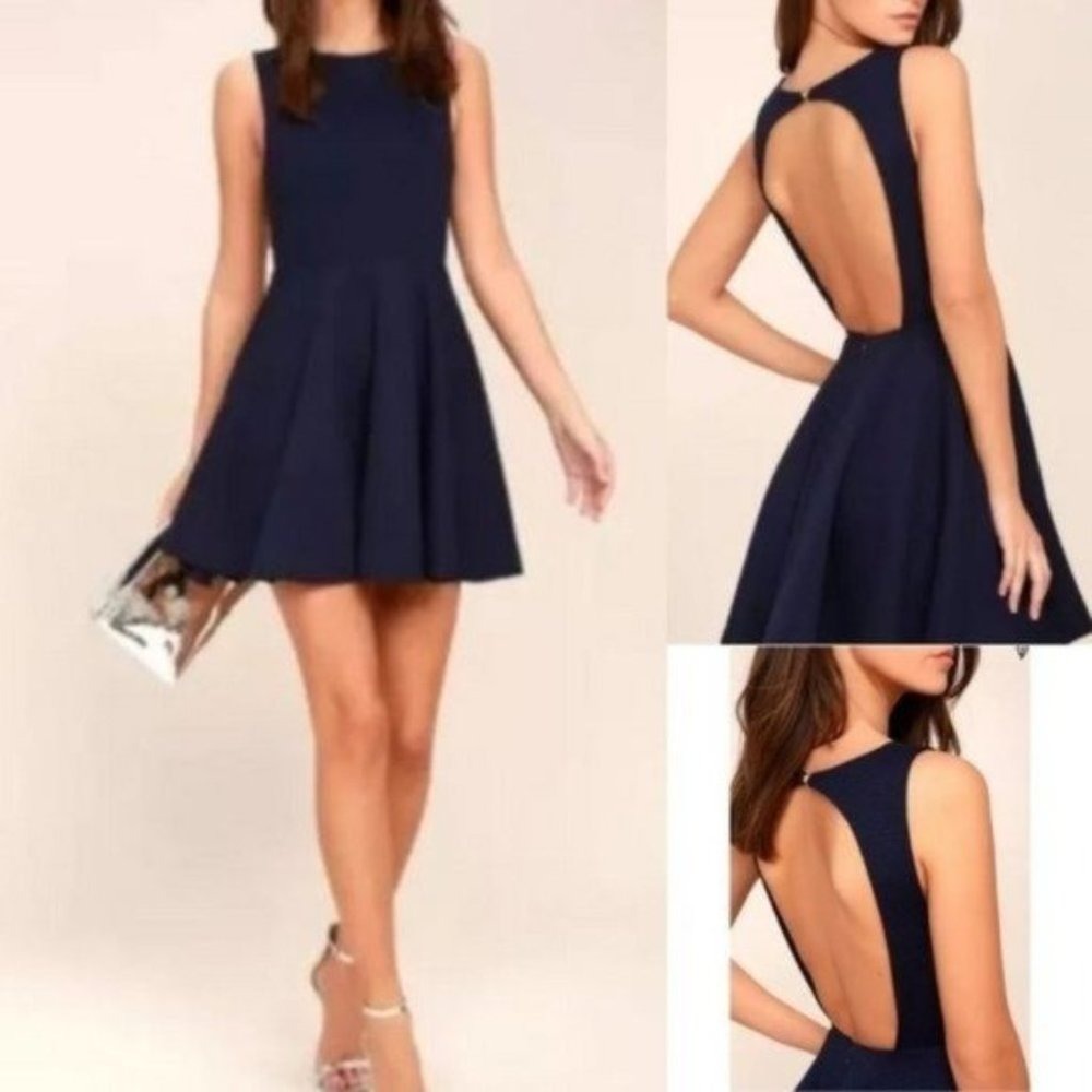 Lulu's Blue Navy Backless Skater Dress Textured Stretch Knit XS
